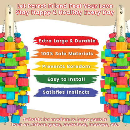 Extra Large Bird Toys - 21.6'' Heavy Duty Natural Parrot Toys for Chewing Foraging with SS Chain & Edible Colors for Medium to Large Parrots, Macaws, Cockatoos, African Grey, Cockatiel, Parakeet
