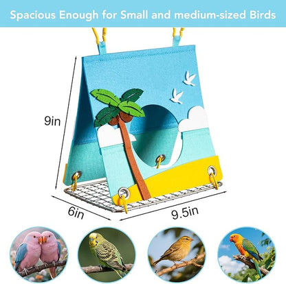 Felt Bird Bed for Cage with 304 Stainless Steel Grid - Large Size (9.4"x6.3"x8.3") - Hanging Hammock Swing Bird Tents for Parakeets, Budgies, Conures -Seaside