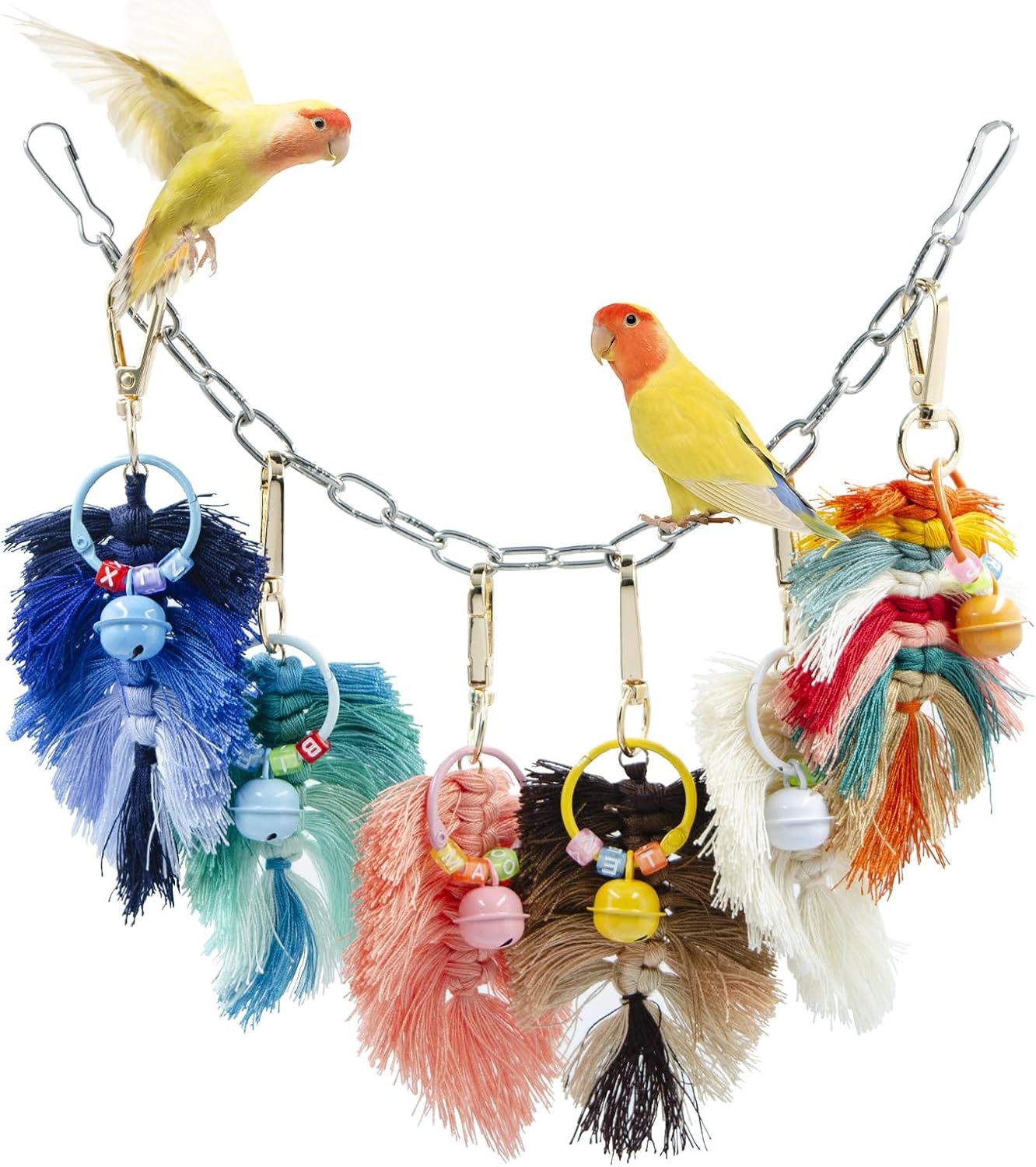 Bird Toys, Multicolor Rope Chew Toy with Metal Hook and Bells, Parakeet Toys, Bird Cage Accessories for Budgies, Cockatiels, Lovebirds, Green Cheeks, Small to Medium Birds