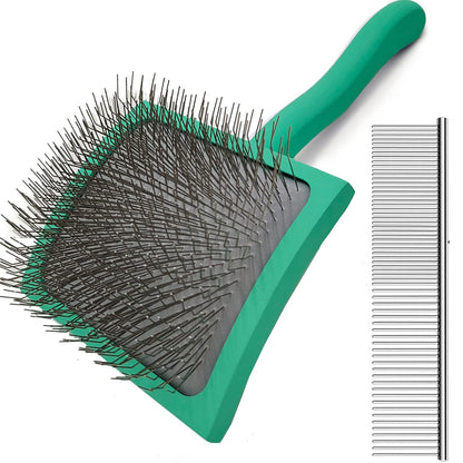 Large Slicker Dog Grooming Brush Kit - Ergonomic Wooden Handle, Long Pins for Goldendoodles, Poodles, Doodles & Haired Dogs (green)