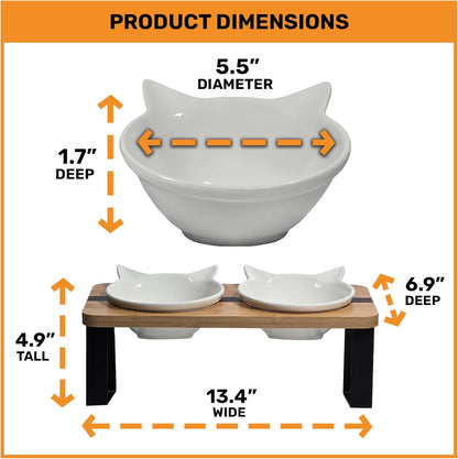 Elevated Cat Bowl Stand for Food and Water – Anti-Vomit Raised Feeding Station with Tilted Stand – Cat Ear Design, Removable Ceramic Bowls, Anti Slip Bamboo Base, Dishes for Indoor Cats & Kittens