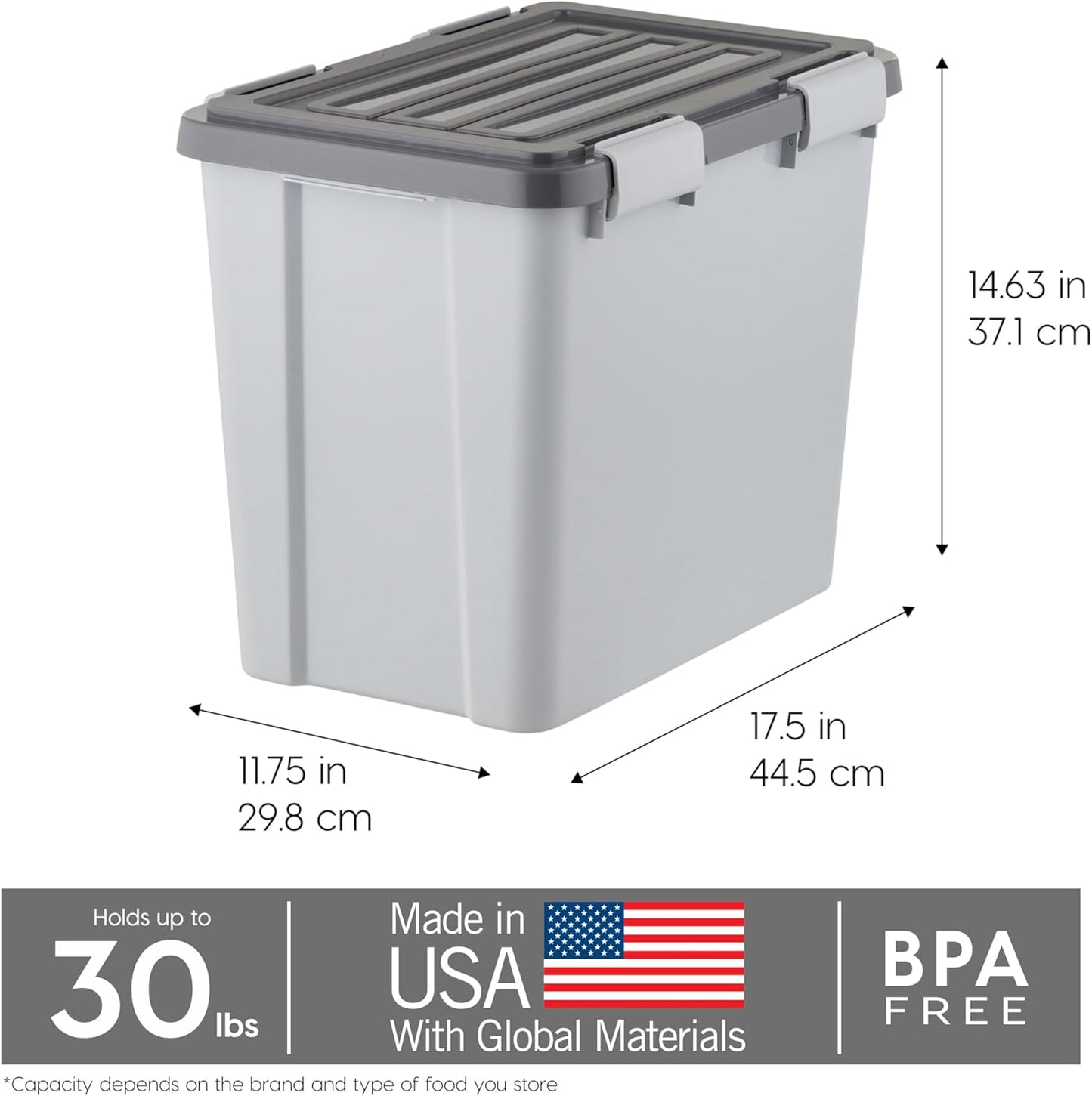 IRIS USA Stackable Dog Food Storage Container with 2 Cup Scoop, 4 Secure Latches, Fits up to 30 lbs, Pet Dry Food Bin, Gasket Seal Lid, BPA Free, Stackable, Easy Measure, Gray/Dark Gray