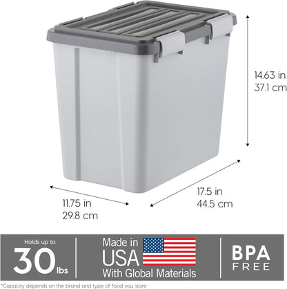 IRIS USA Stackable Dog Food Storage Container with 2 Cup Scoop, 4 Secure Latches, Fits up to 30 lbs, Pet Dry Food Bin, Gasket Seal Lid, BPA Free, Stackable, Easy Measure, Gray/Dark Gray