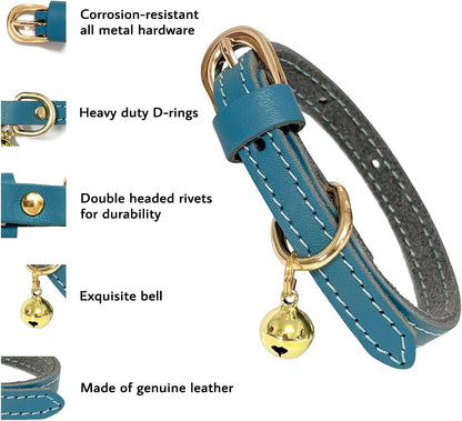 Guiding Star Leather Collar for Puppy, Cute Soft Thin Dogs Collars for Small Medium Dogs, Cat Collar with Bell (Blue, XS, 9"-12")