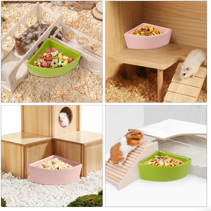 2 Pack Ceramic Feeding Bowls for Small Pets, Anti-Tip, Anti-Slip, Space-Saving Fan-Shaped Design, Ideal for Hamster, Guinea Pig, Gerbil, Sugar Glider, Mice, Chinchilla, Hedgehog (Pink + Green)