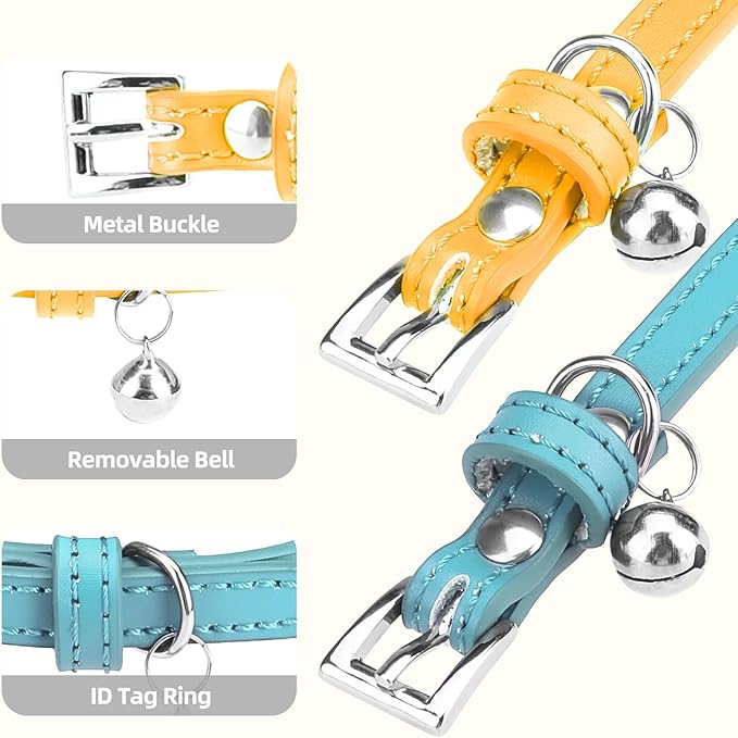 PUPTECK 2 PCS Soft Genuine Leather Cat Kitten Collar with Bells Adjustable for Girl Boy Cats Puppy - Yellow, Teal