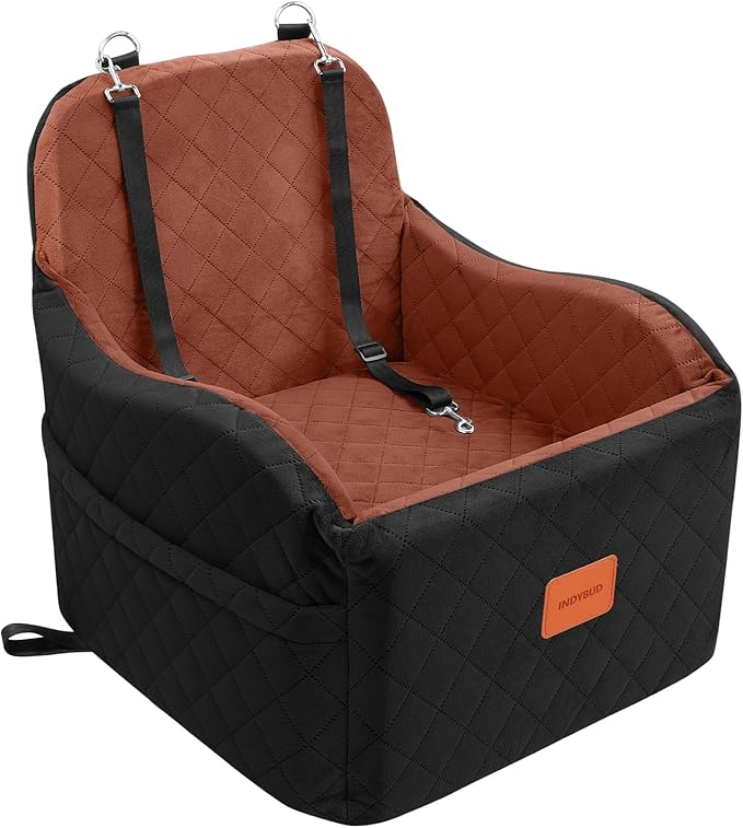 Dog Car Seat for Small/Medium Dogs, Memory Foam Dog Booster Seat for Dogs up to 35 lbs, Travel Safety Per Car Seat with Washable Removable Cover and Storage Pockets (Black/Brown, Medium)