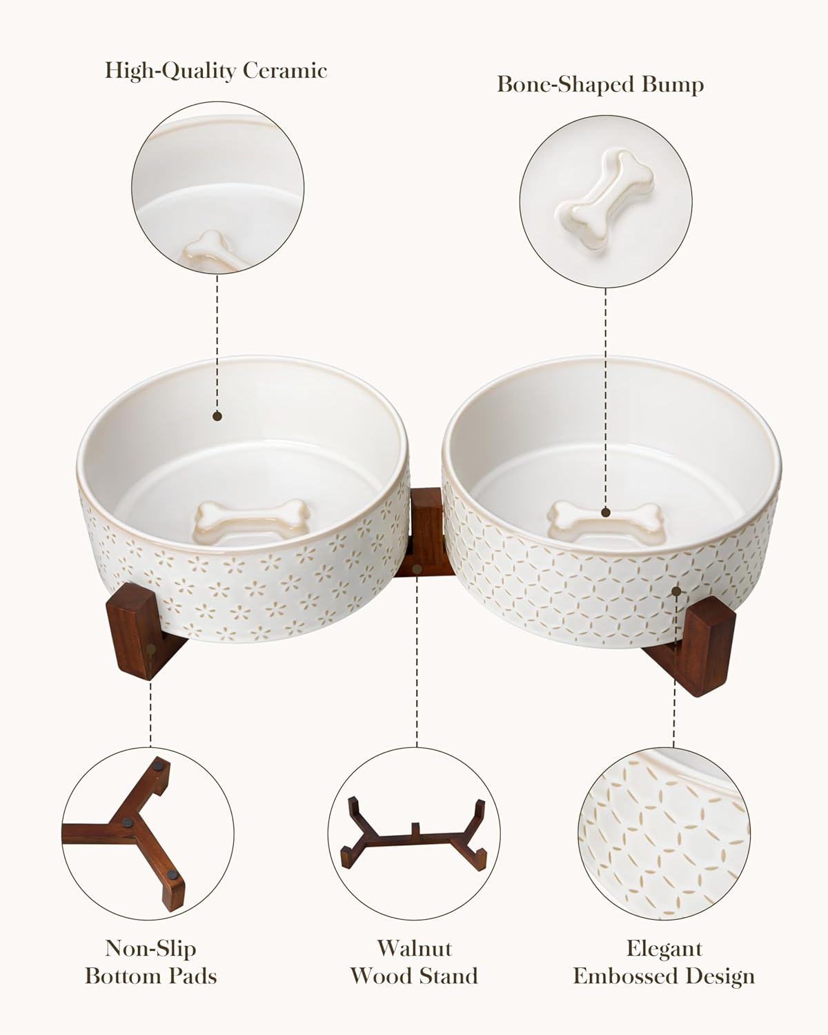 MALACASA Dog Bowl Set with Walnut Wood Stand, 6 Cups Ceramic Pet Bowls for Puppy Dogs, Dual Food and Water Bowls with Non-Slip Base, Basic Bowls for Your Dog, Five-Leaf Grass & Honeycomb