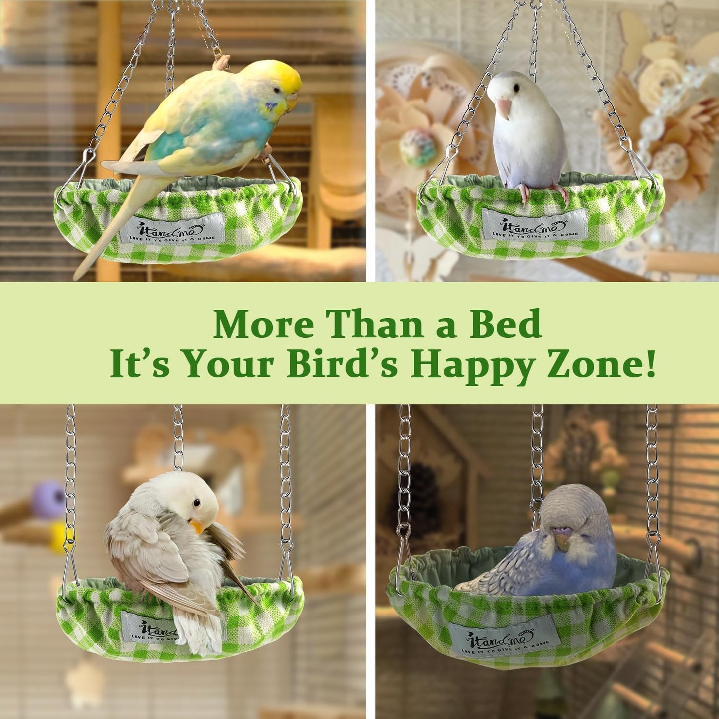 Waterproof Bird Bed with Adjustable Chain, Customizable Height Hanging Bird Hammock for Cage, Small Size Bird Nest with Durable Non-Collapsible Bottom, Bird Hut for Conures, Budgies (Green)