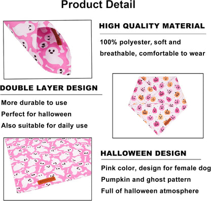 ADOGGYGO Halloween Dog Bandana, Pink Pumpkin Ghost Pet Scarf, Premium Durable Fabric, Adjustable Fit Female Halloween Bandanas for Small Dogs Puppies Cats (Small)