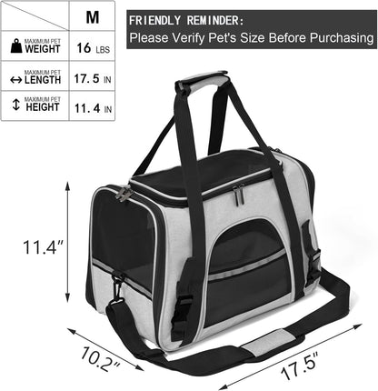 Dog Cat Carrier Soft for Small Pet Up to 16 Lbs TSA Airline Approved Travel Carrier Collapsible Puppy Car Mesh Bag 17.5 * 10.2 * 11.4 inch - Grey & Black