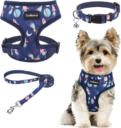 SCENEREAL Small Dog Harness Collar and Leash Set, Adjustable No Pull Pet Harnesses, No Chock Soft Mesh Step in Vest for Doggie Puppy Medium Dogs Cats Girl or Boy,Chihuahua, Yorkie, Outdoor Walking