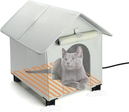 BWOGUE Elevated Heated Cat House for Outdoor Cats in Winter, Waterproof & Insulated Feral Cat Shelter for Outside Cats,Weatherproof Feral Cat House for Outside(Grey)