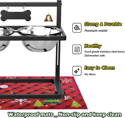 SHAINFUN Christmas Elevated Slow Feeder Dog Bowls with Mat for Large Dogs, Adjustable Height, Tall Raised Dog Food Water Bowl Stand Gift for Dogs