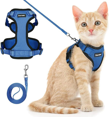 Dooradar Cat Harness and Leash Set, Escape Proof Safe Adjustable Kitten Vest Harnesses for Walking, Easy Control Soft Breathable Mesh Jacket with Reflective Strips for Cats, Blue, XS