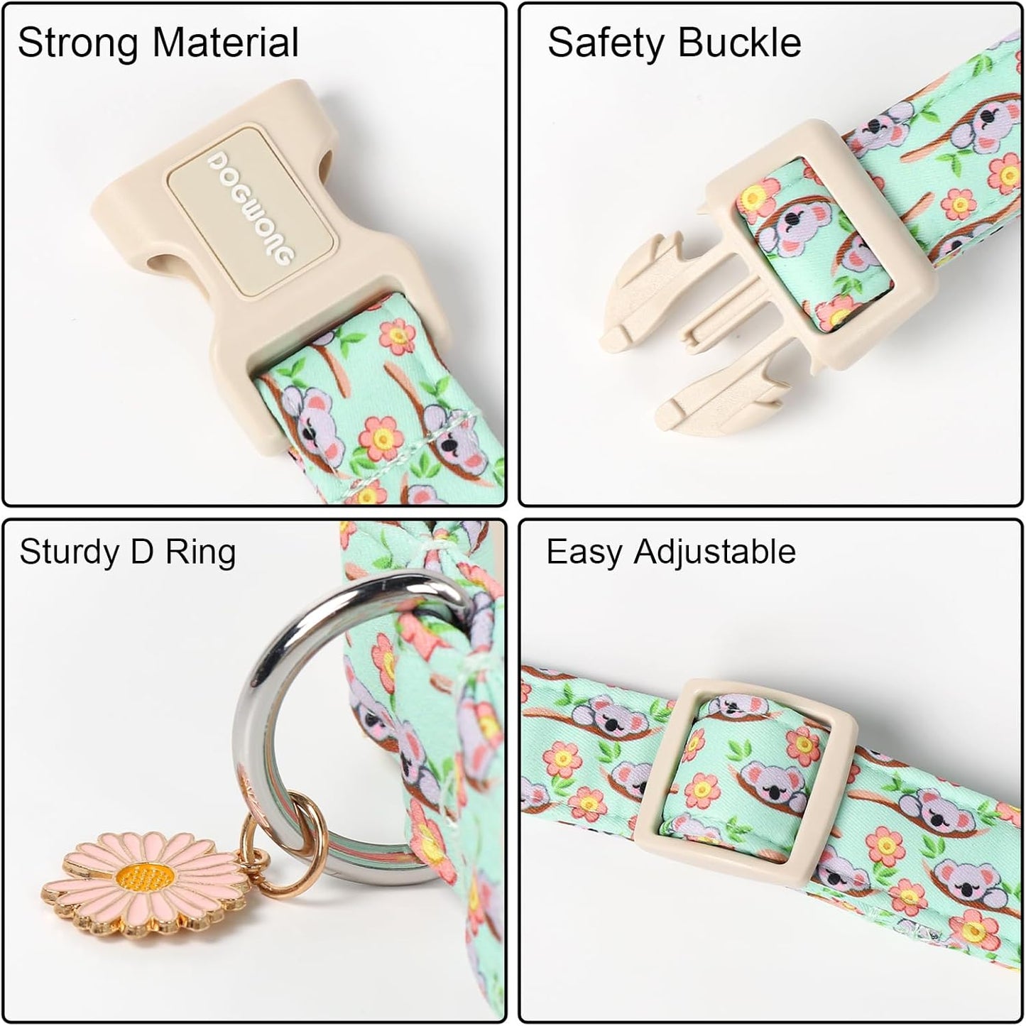 DOGWONG Summer Koala Dog Collar, Green Pink Flower Dog Collars, Adjustable Cute Pet Collars Boy Girl Design Dog Collar for Small Medium Large Dogs