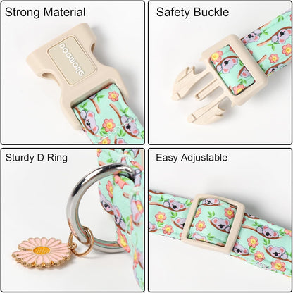 DOGWONG Summer Koala Dog Collar, Green Pink Flower Dog Collars, Adjustable Cute Pet Collars Boy Girl Design Dog Collar for Small Medium Large Dogs