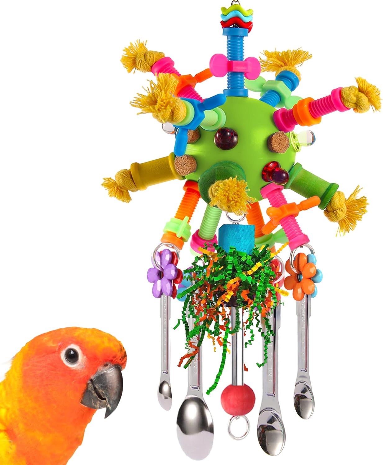 Parrot Toys Bird Toys Perch Pullable Stainless Steel Spoons Colorful Acrylic Stick Chew Toys for Amazons Mini Macaws African Greys Cockatoos Conures,Cockatiels,Lovebirds,Parrotlets and Other (green)