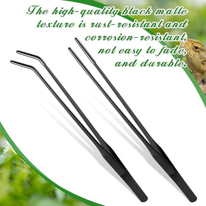 Lasnten 2 Pcs Extra Long Stainless Steel Reptile Feeding Tongs with Rubber Tip Bearded Dragon Aquarium Straight and Curved Long Tweezer Terrarium Feeder Tool for Tank(Black, 10 Inch, 10.5 Inch)