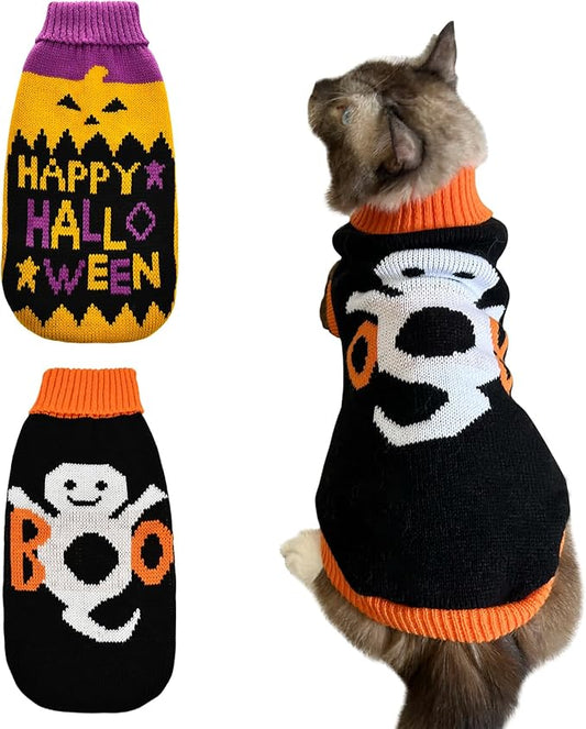2Pcs Halloween Dog Sweaters Kitten Cat Knitwear Puppy Cat Halloween Pumpkin Ghost Sweater Pet Halloween Sweater Clothes Outfit Costume for Kittens Cats Puppies Small Medium Dogs XL