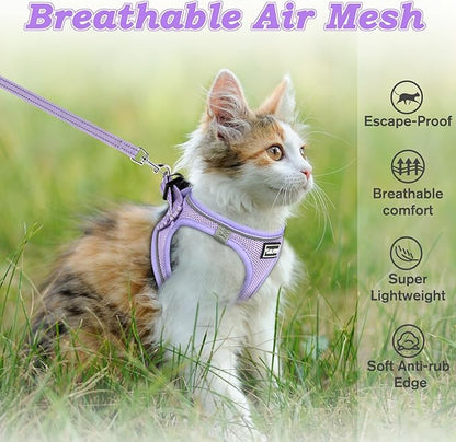 Cat Harness and Leash for Walking Escape Proof, Adjustable Kitten Vest Harness Reflective Soft Mesh Puppy Harness for Outdoor, Comfort Fit, Easy to Control (Purple, XS)