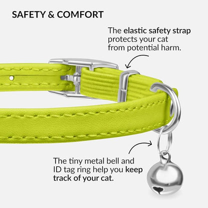 CollarDirect Leather Cat Collar with Bell - Kitten Collar, Small and Big Cat Collar for Boy Cats, Girl Cats with Safety Elastic Strap (Neck Fit 8"-11", Lime Green)