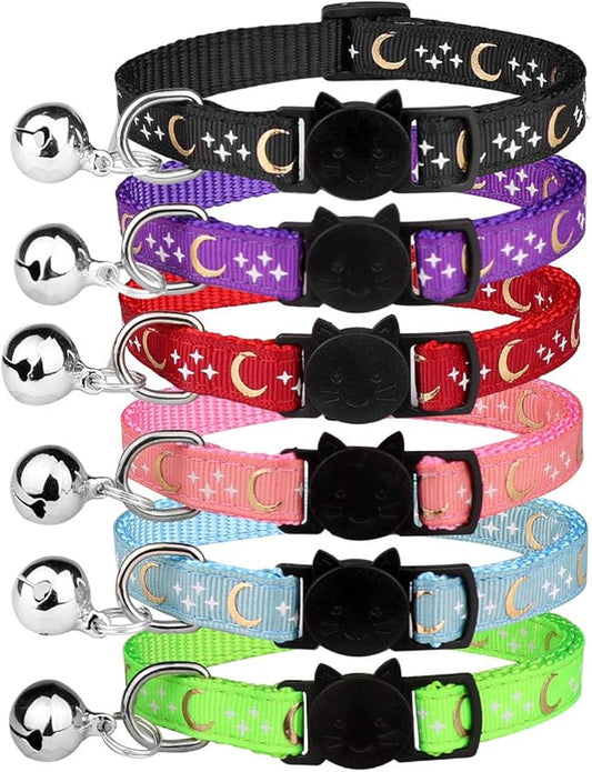 6 PCS Breakaway Cat Collars with Bell Golden Moon Glowing Star in The Dark for Kitten