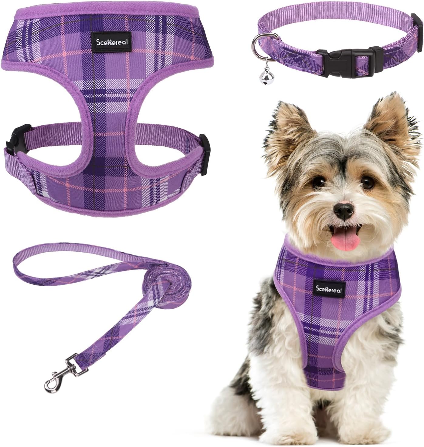 SCENEREAL No Pull Dog Harness Collar and Leash Set Small Medium Sized Dog, Soft Mesh Step in Puppy Harnesses, No Chock Plaid Adjustable Pet Vest for Outdoor Walking Training and Running, Purple S