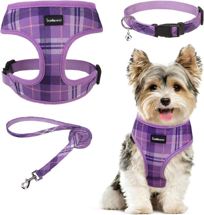 SCENEREAL No Pull Dog Harness Collar and Leash Set Small Medium Sized Dog, Soft Mesh Step in Puppy Harnesses, No Chock Plaid Adjustable Pet Vest for Outdoor Walking Training and Running, Purple S