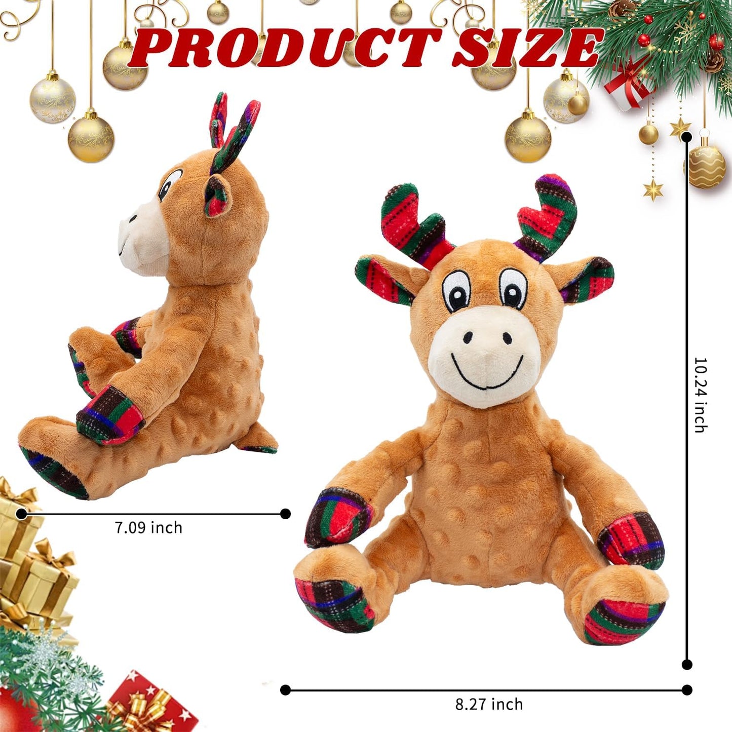 Dog Christmas Reindeer Plush Toys with Squeaker, Soft Pet Teeth Toys for Small & Medium Dogs