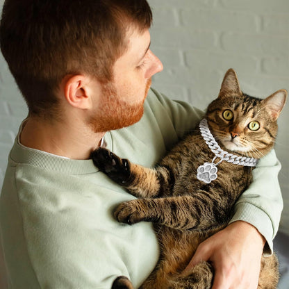 Hillban Cat Collar Diamond Chain Glitter Collar Walking Metal with Secure Buckle Cat Pet Necklace with Paw Charm and ID Tag Bell Link Cuban Jewelry Accessories(8 Inch,Silver)