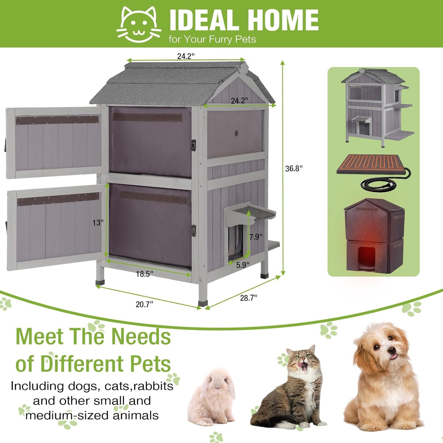 GUTINNEEN 2-Story Heated Cat House for Outside Large Insulated Cat House Outdoor Weatherproof Feral Cat Shelter with Heated Pad, Insulated All-Round Thermal Liner for 1-4 Cats