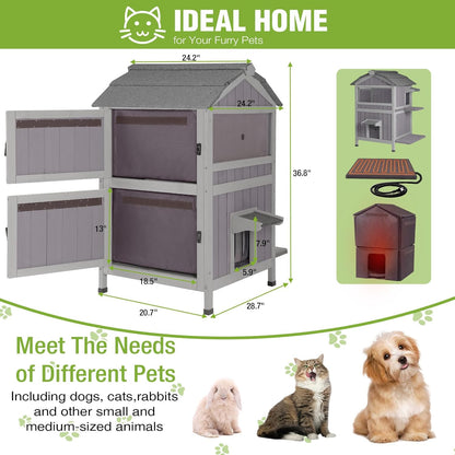 GUTINNEEN 2-Story Heated Cat House for Outside Large Insulated Cat House Outdoor Weatherproof Feral Cat Shelter with Heated Pad, Insulated All-Round Thermal Liner for 1-4 Cats
