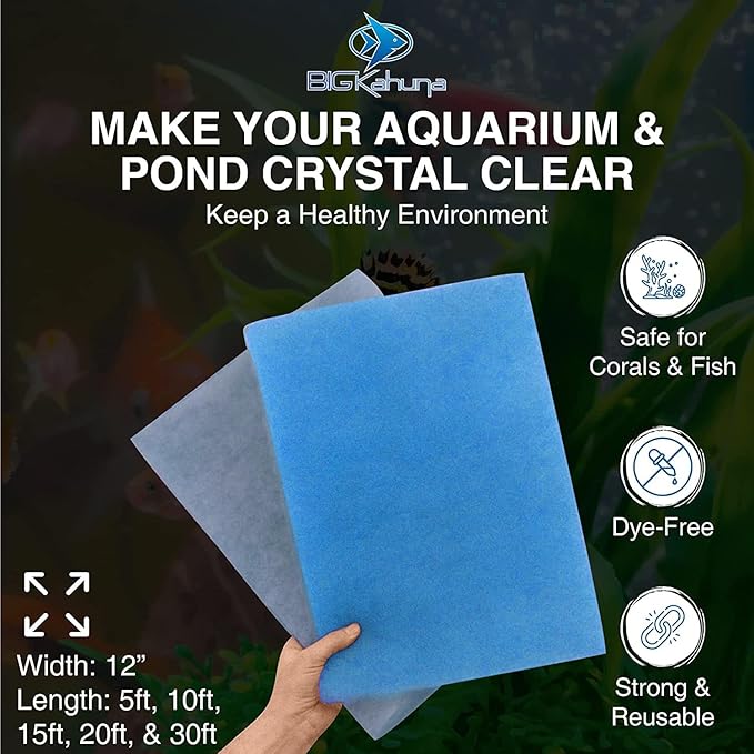 Big Kahuna Aquarium Filter Floss Rolls – 12-inch Pond and Aquarium Filter Media – 1-inch Thick Wet/Dry Aquarium Filter Pad – Bonded Media Filter for Freshwater or Marine Aquariums, Ponds - 15 feet