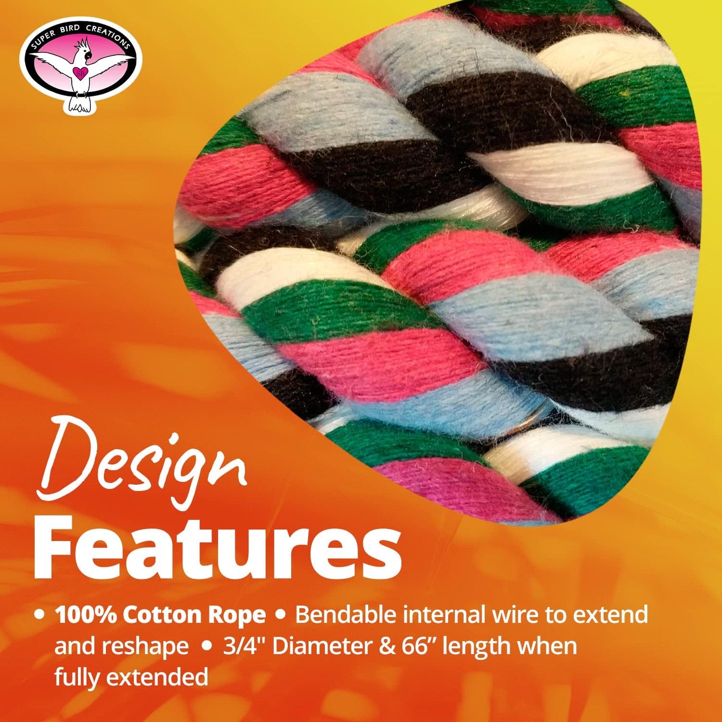 Super Bird Creations SB324 Colorful Cotton Rope Bungee Bird Toy, Medium Bird Size, 3/4" Diameter x 66"