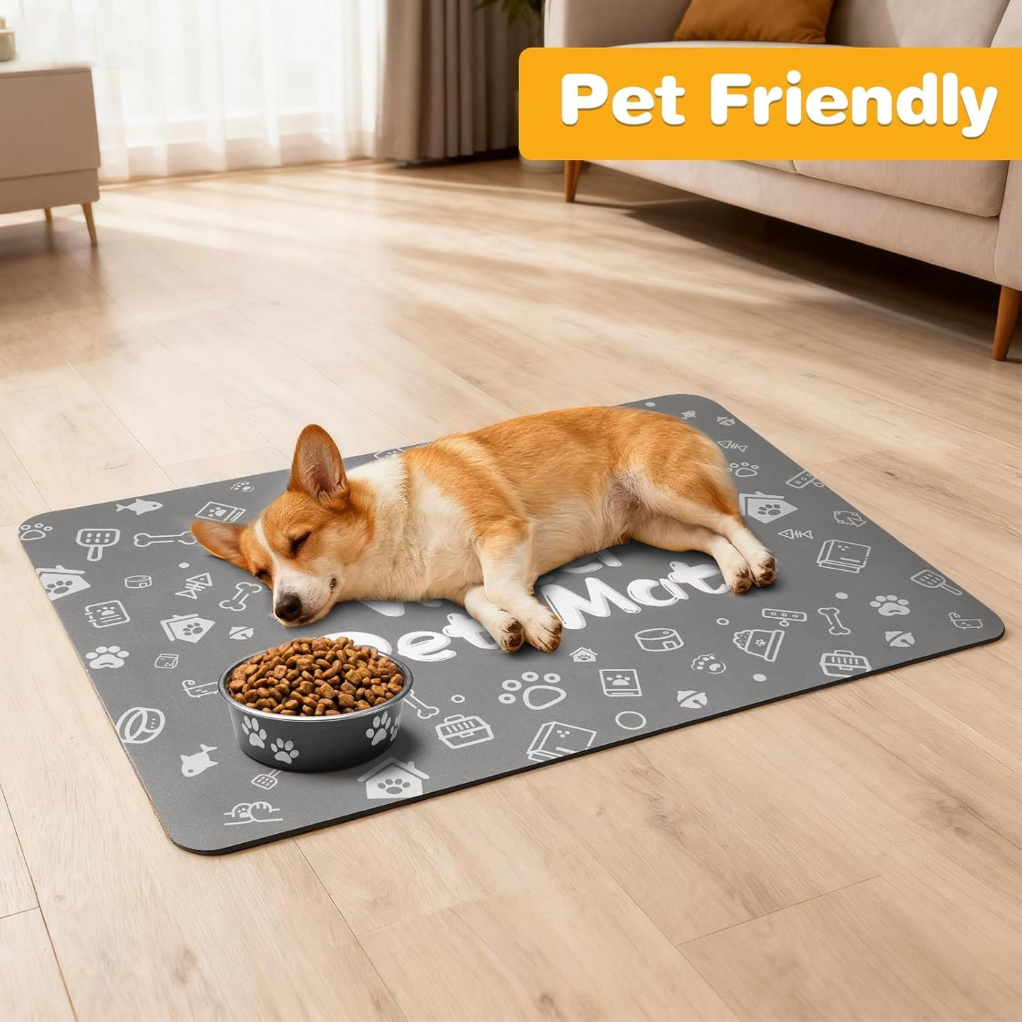 Pet Feeding Mat,Dog Cat Mat for Food and Water,Dog Bowl Waterproof Placemat with Rubber Backing,Absorbent Quick Dry Water Dispenser Mat for Pet（Dark Gray 16"×24"）