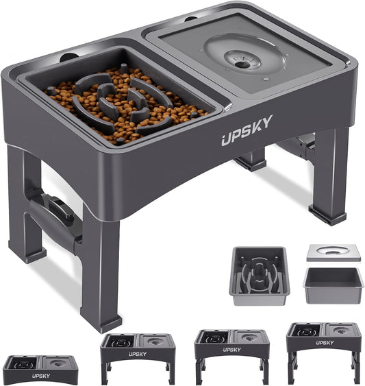 UPSKY 2-in-1 Elevated Dog Bowls Slow Feeder, 4 Height Adjustable Raised Bowl Stand, No Spill Dog Water Bowls, Anti-Slip Food and Water Bowls for Small Medium Dogs(Not Include Stainless Steel Bowl)