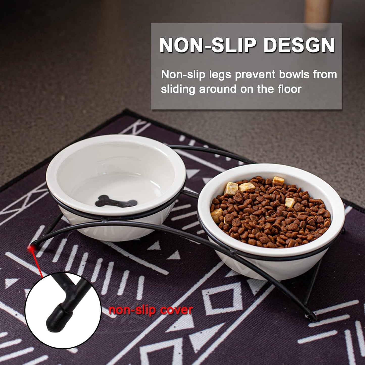 ZONEYILA Elevated Cat Bowls, Dog Bowl, Ceramic Raised Cat Food Water Bowl Set with Metal Stand for Indoor Cats Small Dog, Prevent Neck Pain,12 Ounces, Cute Paw Pattern