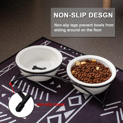 ZONEYILA Elevated Cat Bowls, Dog Bowl, Ceramic Raised Cat Food Water Bowl Set with Metal Stand for Indoor Cats Small Dog, Prevent Neck Pain,12 Ounces, Cute Paw Pattern