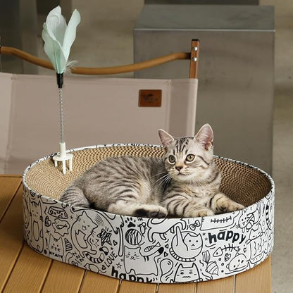 Cat Scratcher Cardboard 2in1 Oval Cat Scratcher Bed for Indoor Cats Cat Scratch Pad Bowl with Scratching Toy Corrugated Lounge Bed&Furniture Protector &Training Toy XL(Graffiti