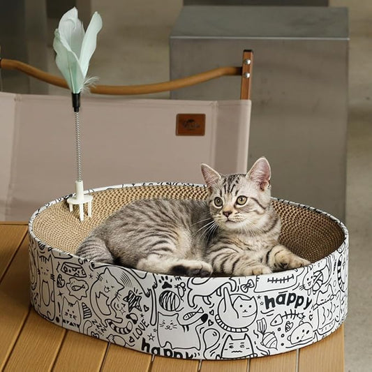 Cat Scratcher Cardboard 2in1 Oval Cat Scratcher Bed for Indoor Cats Cat Scratch Pad Bowl with Scratching Toy Corrugated Lounge Bed&Furniture Protector &Training Toy XL(Graffiti