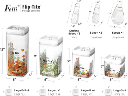 Felli Flip Tite Food Storage Container with Scoop & Lid 5" LARGE Airtight Ring Top, Acrylic Canister for Sugar Flour Baking Powder Rice Pasta, Kitchen Organizer Christmas Gift Set (10pk, Variety)