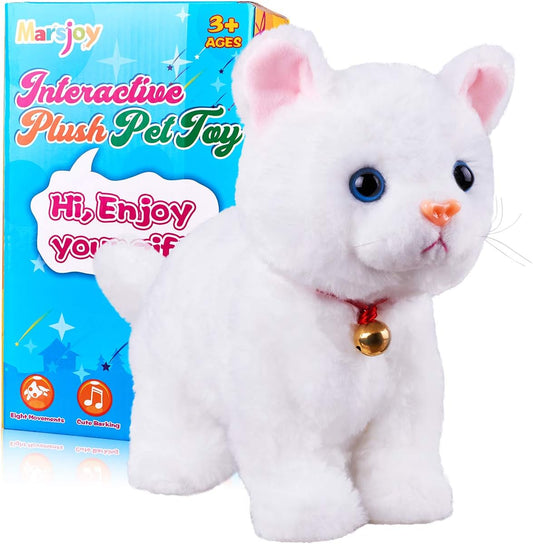 White Plush Cat Stuffed Animal Interactive Cat Robot, Robotic Cat Barking Meow Kitten Touch Control, Electronic Pet, Robot Kitty Toy, Animated Cat for Girl Baby Kid L:12" * H:8" *
