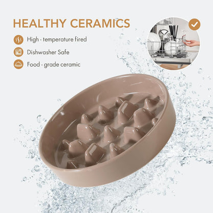 Ceramic 1.6 Cup Dog Bowl Slow Feeder, 8.2 inch Slow Pet Food Dish for Medium and Large Dog, Stop Bloat, Preventing Choking(Single Bowl, Brown Coffee)
