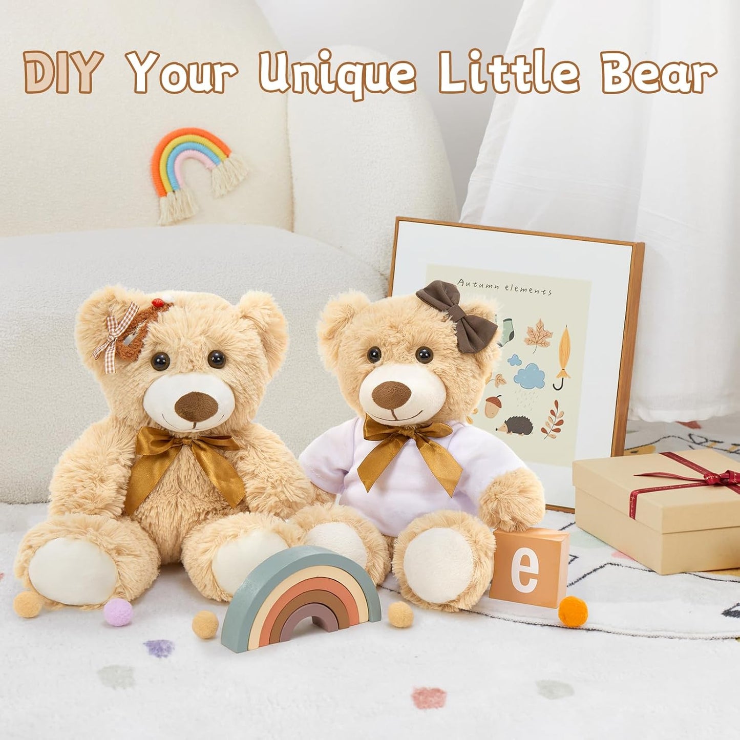 MorisMos 3Pcs Teddy Bears Bulk Baby Shower, 14inch Cute Teddy Bear Stuffed Animals Plush, Small Stuffed Bears on Centerpiece Baby Shower, Brown