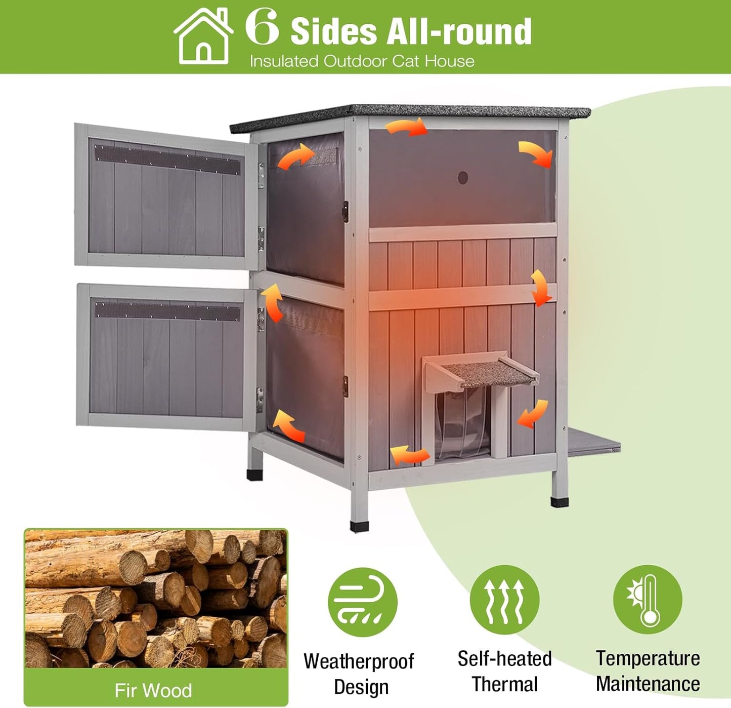 GUTINNEEN 2-Story Insulated Cat House Outdoor Large Weatherproof Outside Feral Cat Shelter Wooden Elevated Kitty Condo with Openable Roof, 2 Large Side Doors (Winter-Ready, 28" L x 22.8" D x 34.4" H)