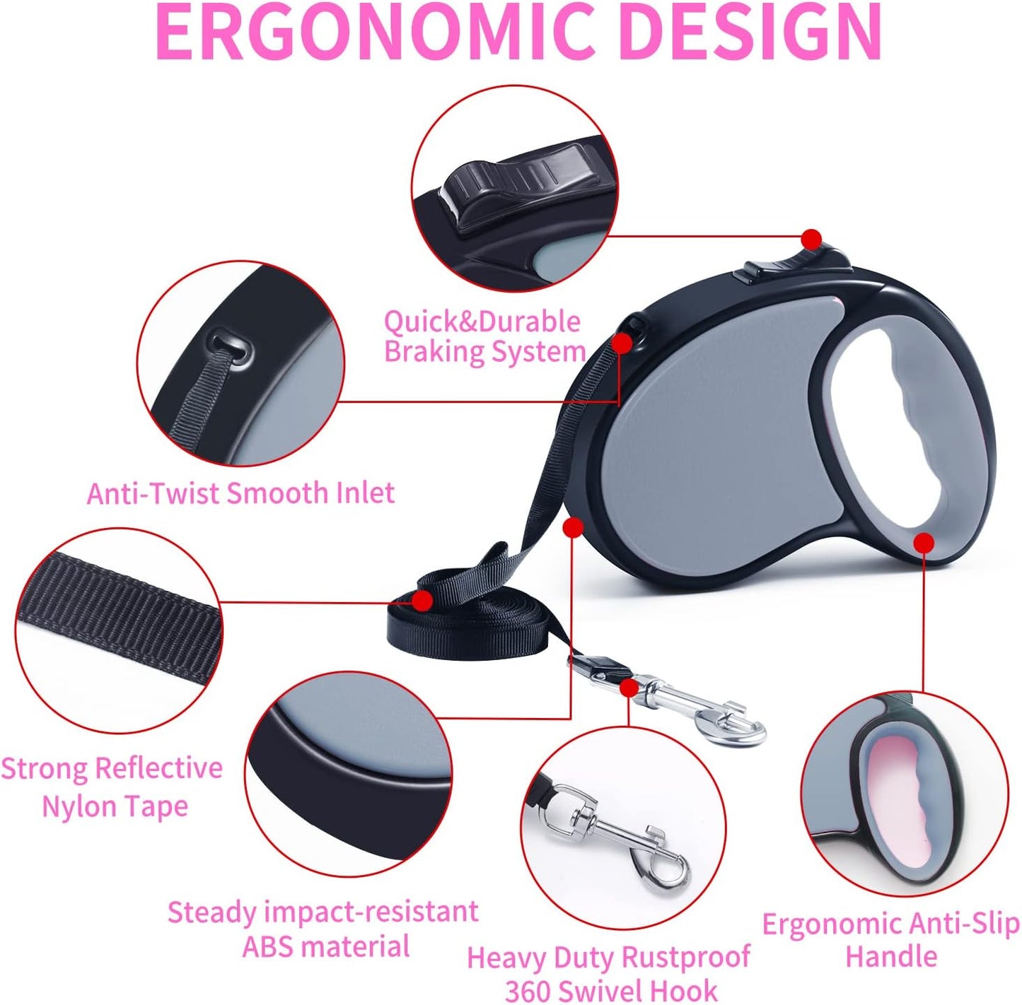 Retractable Dog Leash,[Strong Nylon Tape][One-Handed One Button Lock] for Small Medium Dogs and Cats,16ft Pet Walking Leash with 360°Tangle-Free Design,Anti-Slip Handle,Gift Package (Grey)