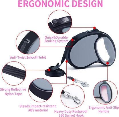 Retractable Dog Leash,[Strong Nylon Tape][One-Handed One Button Lock] for Small Medium Dogs and Cats,16ft Pet Walking Leash with 360°Tangle-Free Design,Anti-Slip Handle,Gift Package (Grey)