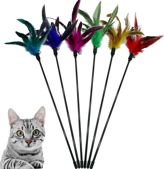 Cat Wand Toy Feather Stick Cat Toys, 6 Pieces Interactive Cat Toy Feathers Wand for Indoor Cats (A)