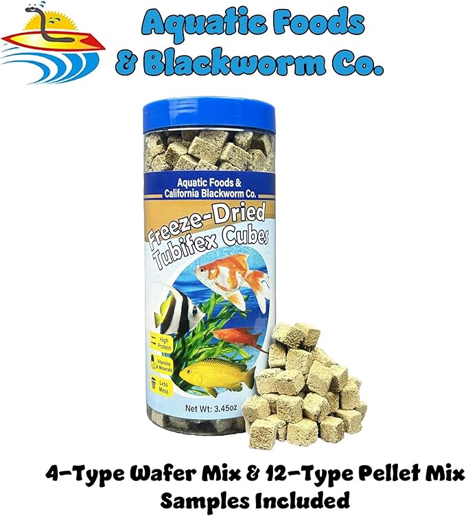 Aquatic Foods Inc. Tubifex Worms, Freeze Dried Tubifex Worm Cubes for Cichlids, Discus, Goldfish, Bettas, Marine Fish, All Tropical Fish, 12-Type Pellet Mix, 4-Type Wafer Mix Included..3.45oz Canister